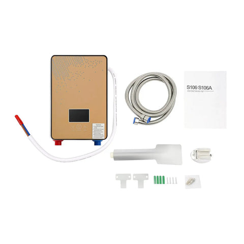 Heavy Duty Electric Tankless Water Heater With Instant Hot Shower Output, gold finish, digital touch panel, installation accessories.
