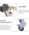 Close-up of 360° swivel load-bearing casters on Heavy Duty Portable Gantry Crane 2200 Lb Capacity Foldable Aluminum Frame.
