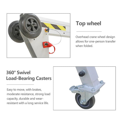 Close-up of 360° swivel load-bearing casters on Heavy Duty Portable Gantry Crane 2200 Lb Capacity Foldable Aluminum Frame.