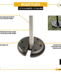 Four 5-Pound Cement Weight Plates For Securing Instant And Pop Up Canopies And Tents Black Heavy Duty Weights shown in use with canopy leg