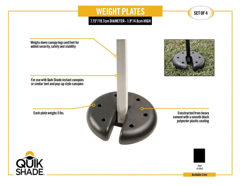 Four 5-Pound Cement Weight Plates For Securing Instant And Pop Up Canopies And Tents Black Heavy Duty Weights shown in use with canopy leg