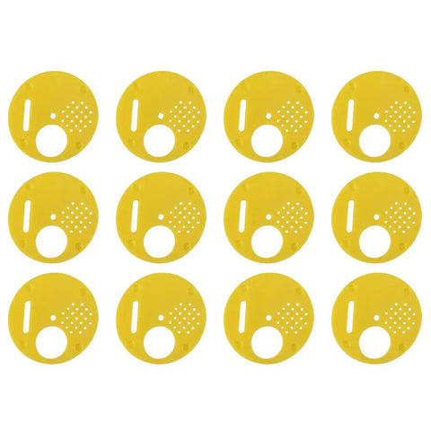 Beekeeping Entrance Gate Set for Nuc Boxes, 12 Pack Plastic Beehive Gates, yellow circular gates in grid layout