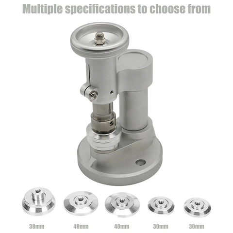 Tabletop Watch Case Press for Quick Battery Replacement, Aluminum Silver Tool with multiple die sizes visible.