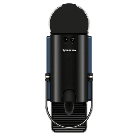 Top view of Pixie Espresso Machine By DeLonghi In Dark Blue, a compact capsule brewer for espresso and lungo, showing controls.
