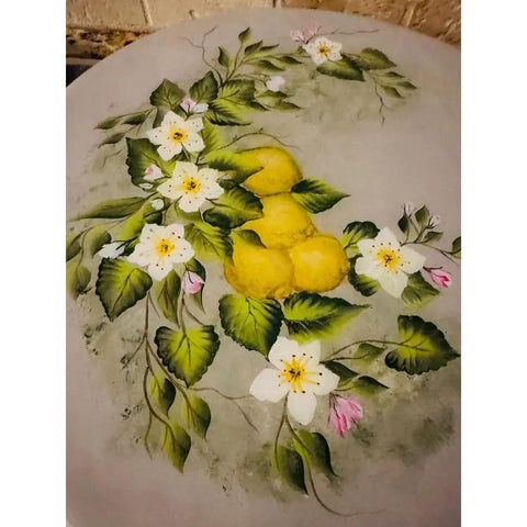 13 Inch Hand Painted Lemon Lazy Susan With Floral Wood Turntable Handmade Serving Tray For Kitchen Counter Or Dining Table Rustic Country Decor With Resin Finish Featuring lemon and floral art.