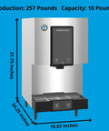 Straight Up Countertop Cubelet Ice Maker And Water Dispenser showing dimensions 31.75x24.25x16.62 inches on a blue background.
