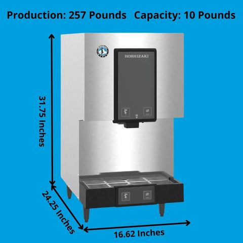 Straight Up Countertop Cubelet Ice Maker And Water Dispenser showing dimensions 31.75x24.25x16.62 inches on a blue background.