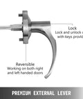 Close-up of lever from Push Bar With Lever Panic Exit Device For 28 To 36 Inch Doors, showing lock and reversible feature.