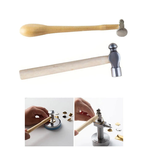 Jewelry Hammer With Solid Wood Handle And Iron Head For Precise Metalworking, shown hammering metal in a crafting setup
