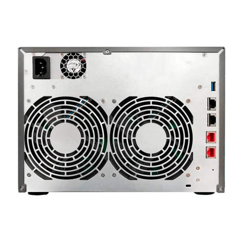 Powerhouse 10 Bay Network Attached Storage rear view showing cooling fans, ports, and power input, diskless NAS