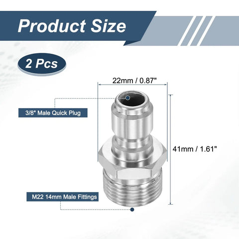 Beefy Stainless Steel Pressure Washer Adapter Swivel Quick Connect Three Eighth Inch Male Plug To M22 14mm Male Quick Connect Fitting For Power Washers Hose, 22mm x 41mm
