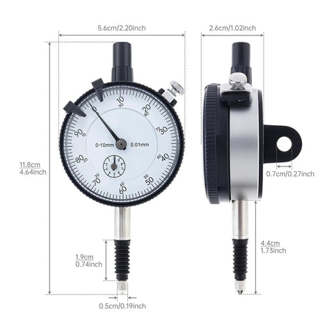 Pro Grade Metric Dial Indicator 0 To 10 MM With 0.01 MM Increments, Waterproof Cover, Lug Back, Stainless Stem, White Dial