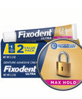 Box and tube of Ultra Max Hold Denture Adhesive That Delivers All Day Hold With One A Day Application Keeps Food From Getting Between Dentures