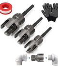 Heavy Duty Pipe Threader Kit For Electric Drill Includes 0.5 And 0.75 Inch Plastic Pvc Tap Die Set With Internal External Dual Function Threading Tool Plus Gloves And Red Teflon Tape For Quick Plumbing Jobs - kit with three threading tools, gloves, and Teflon tape.