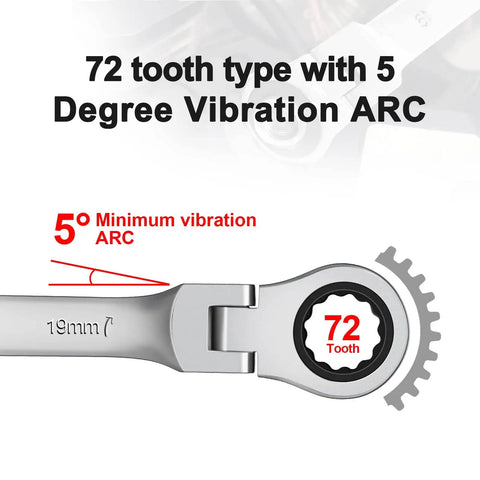 Close-up of a 19mm wrench head with 72-tooth ratchet and 5-degree ARC, showcasing industrial features for precision work.