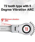 17mm Ratchet Wrench Combo With Matte Anti Rust Finish Beefy Chrome Vanadium Steel Durable Flexible Head Ratcheting Wrench High Torque Hand Tool For Auto Repair And Home Projects showing 72 tooth mechanism and 5 degree ARC