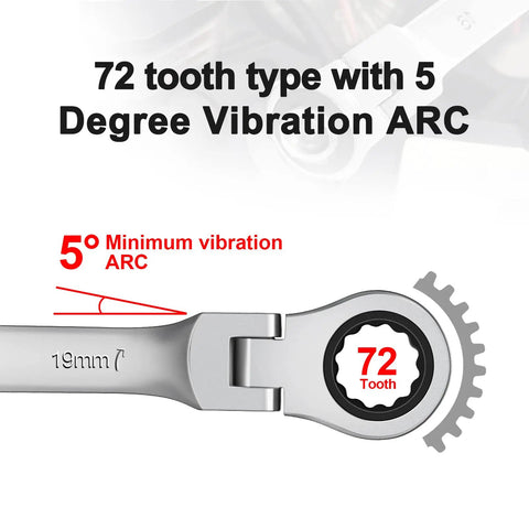 17mm Ratchet Wrench Combo With Matte Anti Rust Finish Beefy Chrome Vanadium Steel Durable Flexible Head Ratcheting Wrench High Torque Hand Tool For Auto Repair And Home Projects showing 72 tooth mechanism and 5 degree ARC