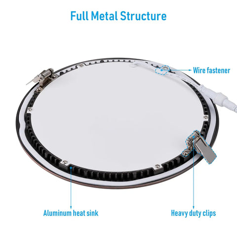Bottom view of 8 Inch Slim Recessed LED Canless Downlight Kit With J-Box, showing aluminum heat sink and heavy-duty clips