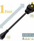 10 30P To 6 20R Dryer Adapter 30 Amp 125 250 Volt Heavy Duty 1 Foot Cord 12 AWG Showing Length and Plug Ends