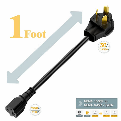10 30P To 6 20R Dryer Adapter 30 Amp 125 250 Volt Heavy Duty 1 Foot Cord 12 AWG Showing Length and Plug Ends