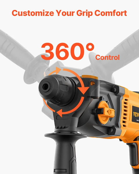 1 Inch SDS Plus Rotary Hammer Drill With 8 Amp Corded Power showing 360-degree handle control for grip comfort