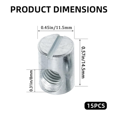 Beefy M8 Barrel Nuts Cross Dowels Slotted Nuts Set 15 Pcs Zinc Plated M8x11.5x14.5mm product dimensions image