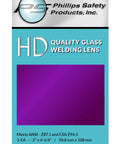 Magenta Drop In Welding Lens 2 X 4.25 Inch with acrylic shield in packaging, for arc welding flare reduction.