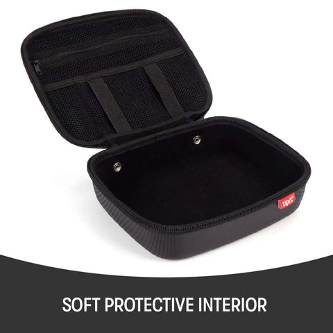Slick Carbon Look Eva Tech Cable Organizer With Secure Mesh Pockets And Stretchy Elastic Bands For Phones Chargers And Power Banks Hella Rugged Badass Hard Shell Travel Box For Daily Grind And RoadTrips Black interior with zippered mesh pockets.