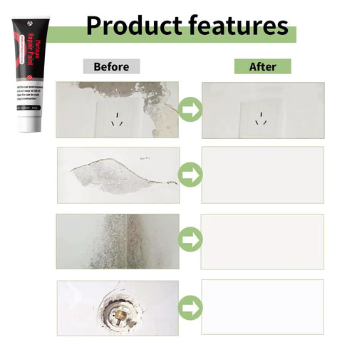 Before and after images showing wall repairs with All In One Wall Repair Kit For Large And Small Holes With Drywall Patches And White Paint 3 Pack For Quick DIY Fixes Cracks Stains And Peeling Walls At Home.