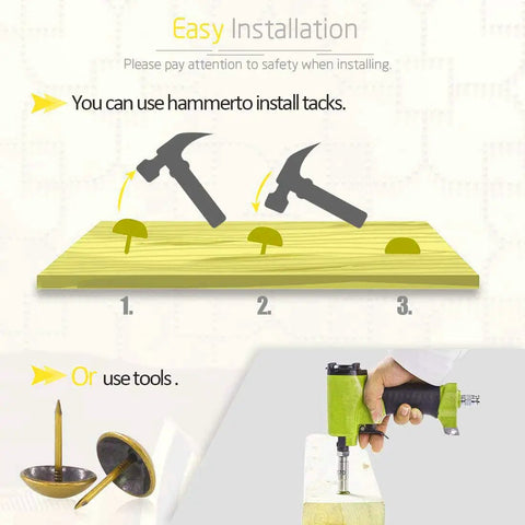 Illustration showing installation steps for Killer One Inch Gold Antique Upholstery Tacks Pack Of Thirty using tools and hammer.