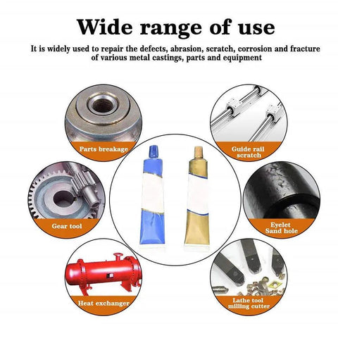 Metal Repair Gel Paste Set Of 2 Tubes 100g Each High Temperature Resistant Cold Weld Welding Glue For Metal Industrial Bonding Paste For Iron Steel Aluminum Quick Strong Durable Fix displayed with application examples
