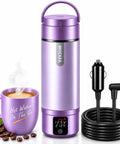 Ride Ready 12V 24V Vacuum Insulated Car Electric Kettle with six custom temperatures beside a steaming cup of coffee.