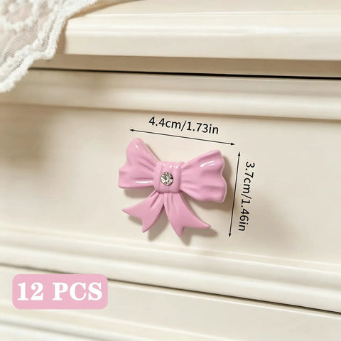 12 Piece Pink Bow Dresser Knob Set For Cabinets And Drawers Cast Iron Vintage Coquette Girly Drawer Pull Dimension View