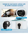 Big Time Portable 3.6 KW EV Charger With 16 Amp Type Two Connector And SAE J1772 Plug showing IEC 62196-2 connection for EVs.