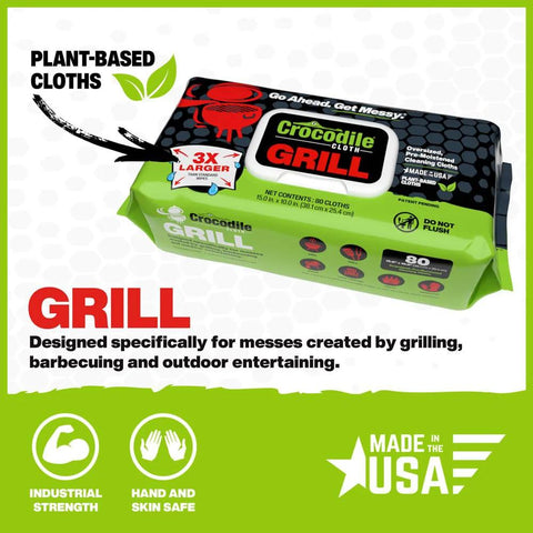 Front view of Crocodile Cloth Grill cleaning wipes package, 80 wipes, plant-based with aloe and vitamin E.