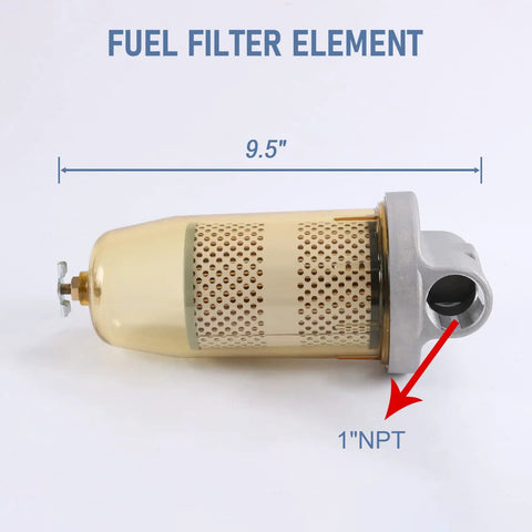 Side view of 9.5 inch Fuel Tank Filter Assembly With Wrench For Gasoline And Diesel Water Separation, 30 Micron Filter, with 1 in NPT