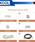 Fittings included with Sixteen Foot Mini Split Line Set; wall sleeve, tape, wall cap, filler putty, hose, and cable.