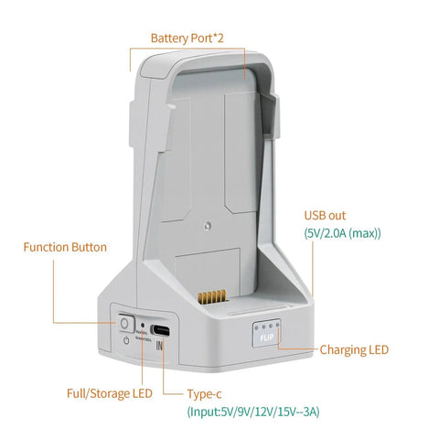 Two Way Charging Hub Battery Charger For Flip Drone Vertical Butler Power Bank Station Fast Charge Dock with labeled ports