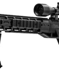 Armada BTAP22SX.22 Caliber PCP Air Rifle with scope, bipod stand, reversible bolt, and modular rifled barrel, side view.