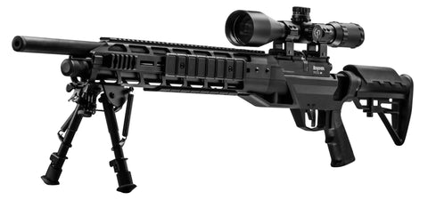 Armada BTAP22SX.22 Caliber PCP Air Rifle with scope, bipod stand, reversible bolt, and modular rifled barrel, side view.