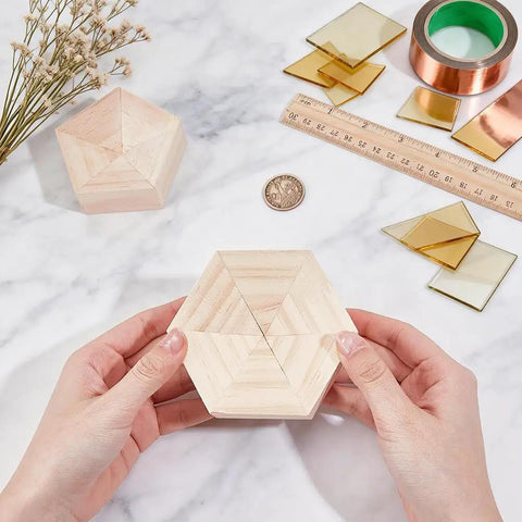 Hella Reliable Wood And Glass Soldering Jig Set Featuring Hexagon And Pentagon Molds For No Sweat Stained Glass Assembly and a hands holding a hexagon mold.