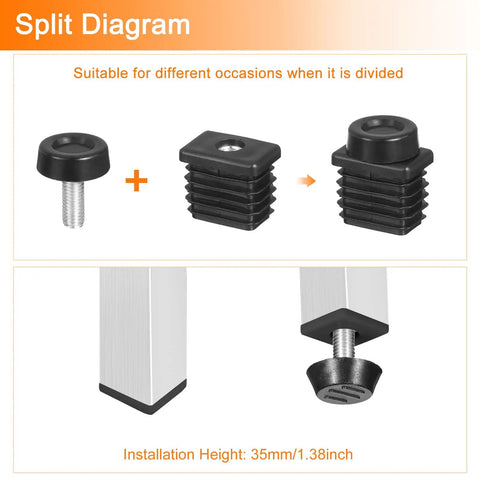 Split diagram of Four Pack Adjustable Furniture Levelers For Tables And Chairs Plastic 20x30mm Rectangle Tube Insert Screw In Glide Feet