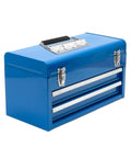 Blue toolbox with heavy duty spring loaded pull handle, PVC grip on top for easy lifting, suitable for cases, supports 110 lb load.