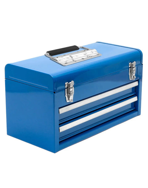 Blue toolbox with heavy duty spring loaded pull handle, PVC grip on top for easy lifting, suitable for cases, supports 110 lb load.
