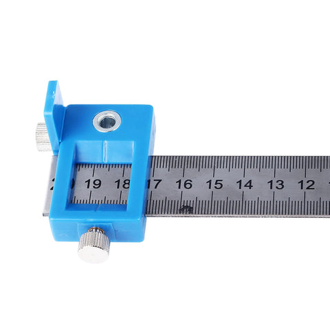 Boss Level Aluminum Punch Locator Drill Guide Kickass Cabinet Hardware Jig showing blue measuring detail for precision layout.