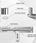 Heavy Duty Gate Hinges With One Piece Cast AISI 304 Stainless Steel Left Handed Sliding Bolt Latch And Adjustable Silent Pads For Vinyl Gates Farm Fence Gates Courtyard Gates Wood And Iron Fences - Product components showing hinged socket, anti-noise washers, and slide bolt latch.