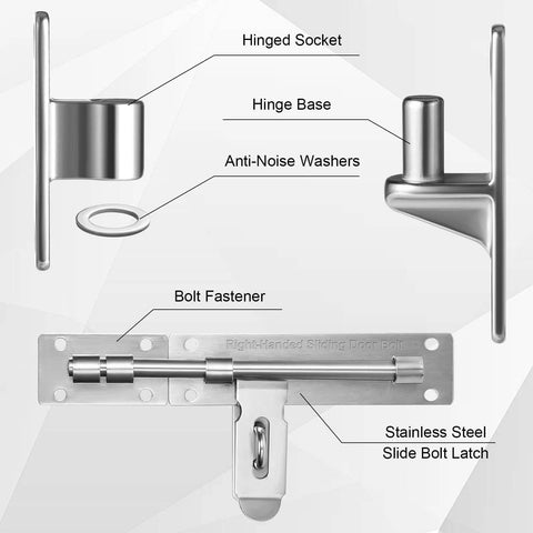 Heavy Duty Gate Hinges With One Piece Cast AISI 304 Stainless Steel Left Handed Sliding Bolt Latch And Adjustable Silent Pads For Vinyl Gates Farm Fence Gates Courtyard Gates Wood And Iron Fences - Product components showing hinged socket, anti-noise washers, and slide bolt latch.