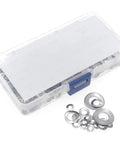 HVAZI 350-piece stainless steel wave washer assortment kit in a clear plastic box with blue latch (M3–M12).
