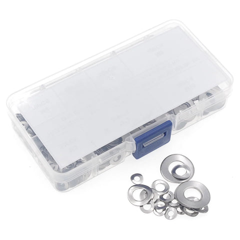 HVAZI 350-piece stainless steel wave washer assortment kit in a clear plastic box with blue latch (M3–M12).