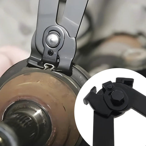 CV Boot Clamp Pliers Kit With 10 Stainless Steel Crimp Bands in use on a drive shaft, highlighting adjustable clamp tool action.